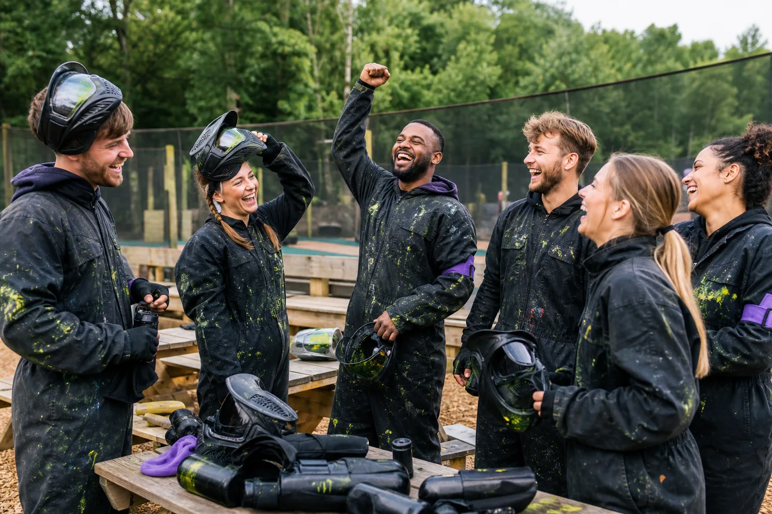 Friends enjoying a break at a paintball venue