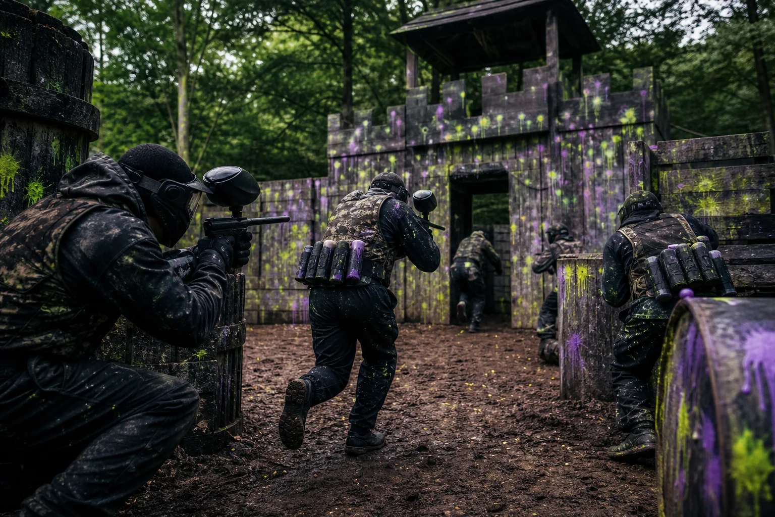 A team of paintball players approaching a woodland fort