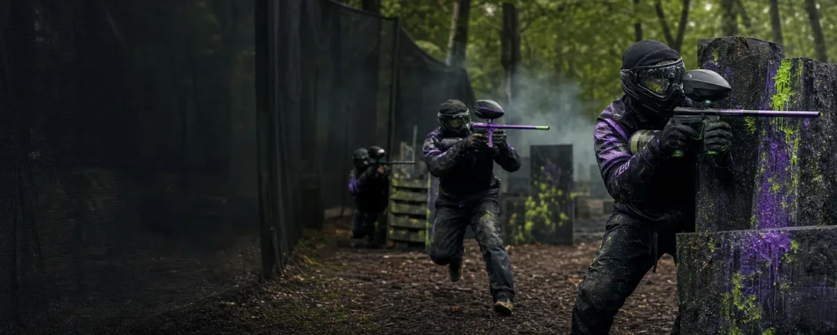 Paintball players taking cover during a game