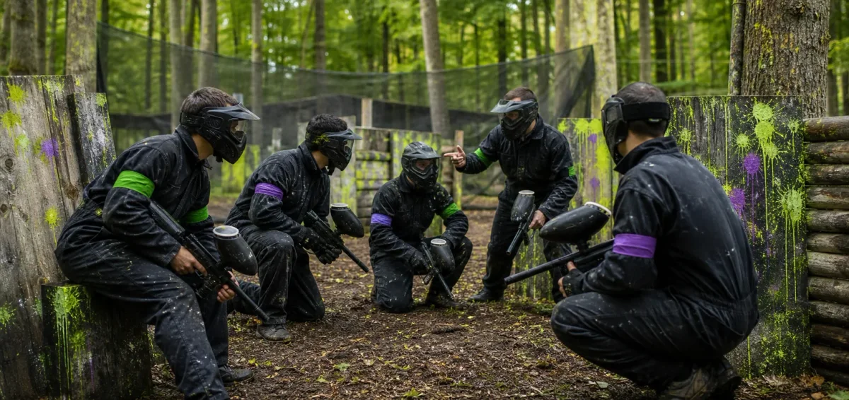 A group of paintball players in a woodland field